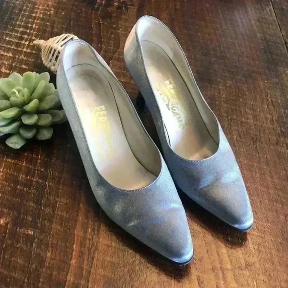 Salvatore Ferragamo | Satin Pewter Heels - Picture 1 of 7